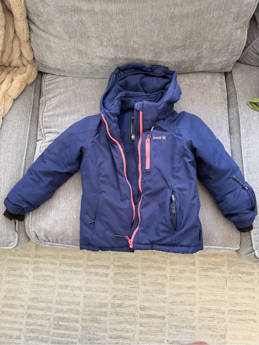 Kamik Navy Blue Kids Hooded Ski Jacket with Pink Trim